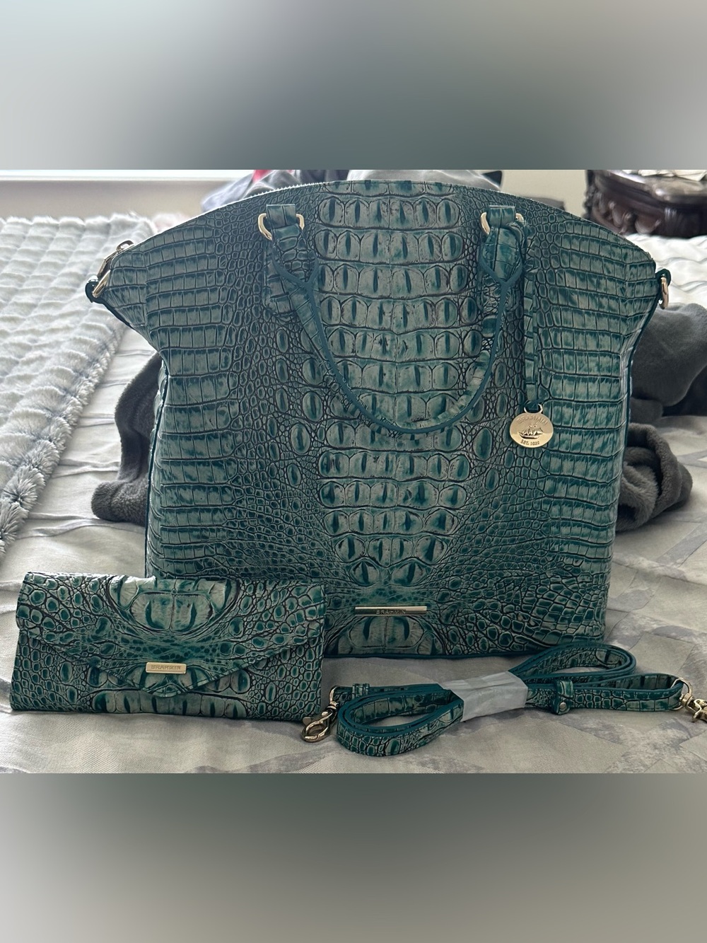 Brahmin Teal Croc-Embossed Leather Tote with Matching Wallet